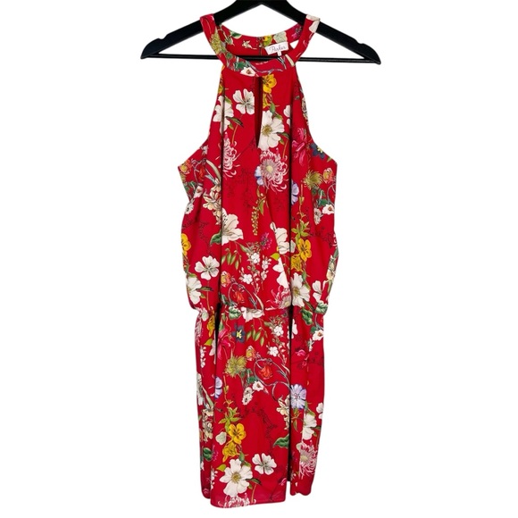 EUC Parker Red Floral Carlotta Halter Neck Blouson Dress - Picture 2 of 11